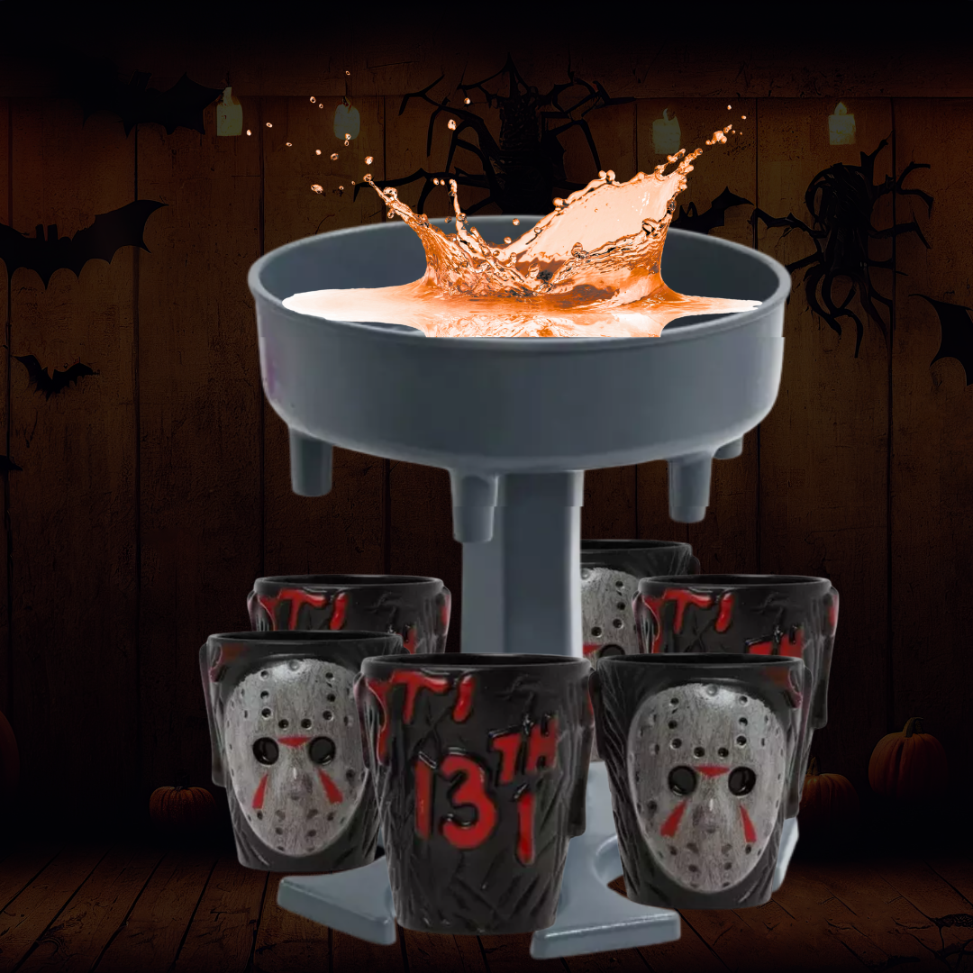 Pack Fiesta VIP: 6 Vasos Shot Jason + Dispensador | ¡El Kit de la Masacre!