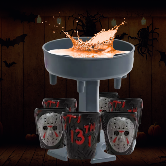 Pack Fiesta VIP: 6 Vasos Shot Jason + Dispensador | ¡El Kit de la Masacre!