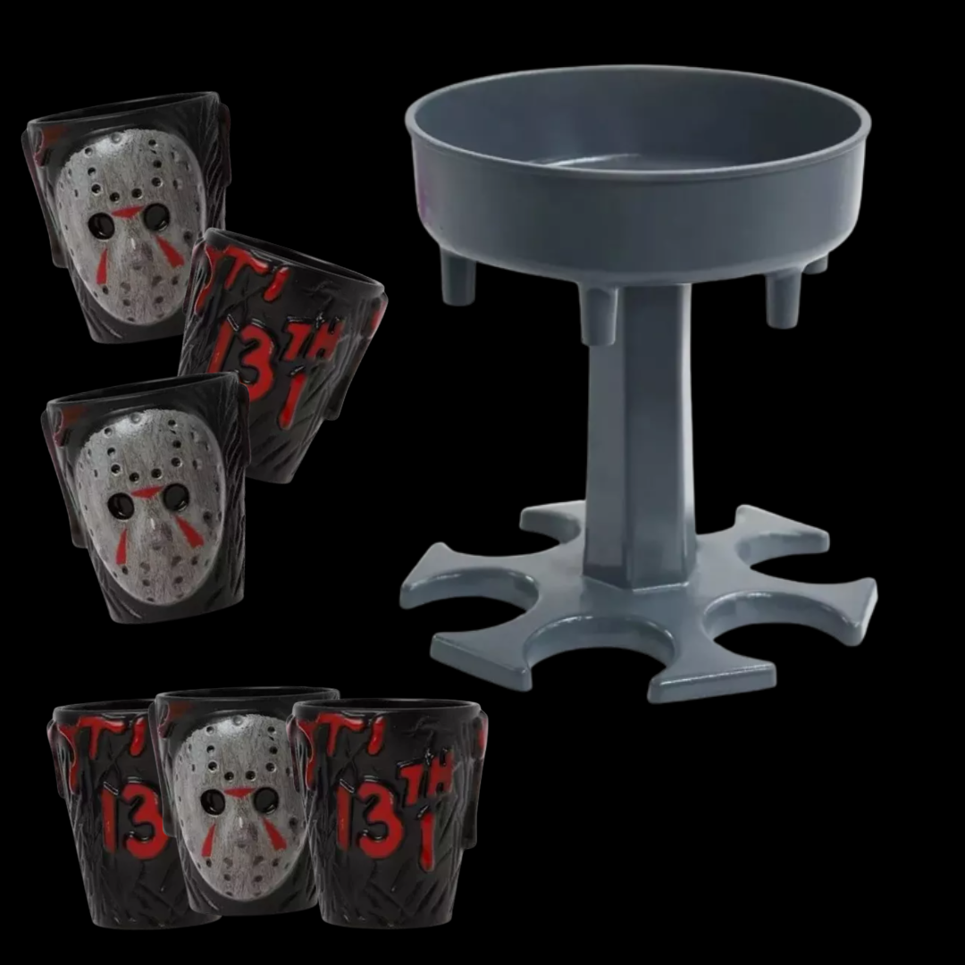 Pack Fiesta VIP: 6 Vasos Shot Jason + Dispensador | ¡El Kit de la Masacre!